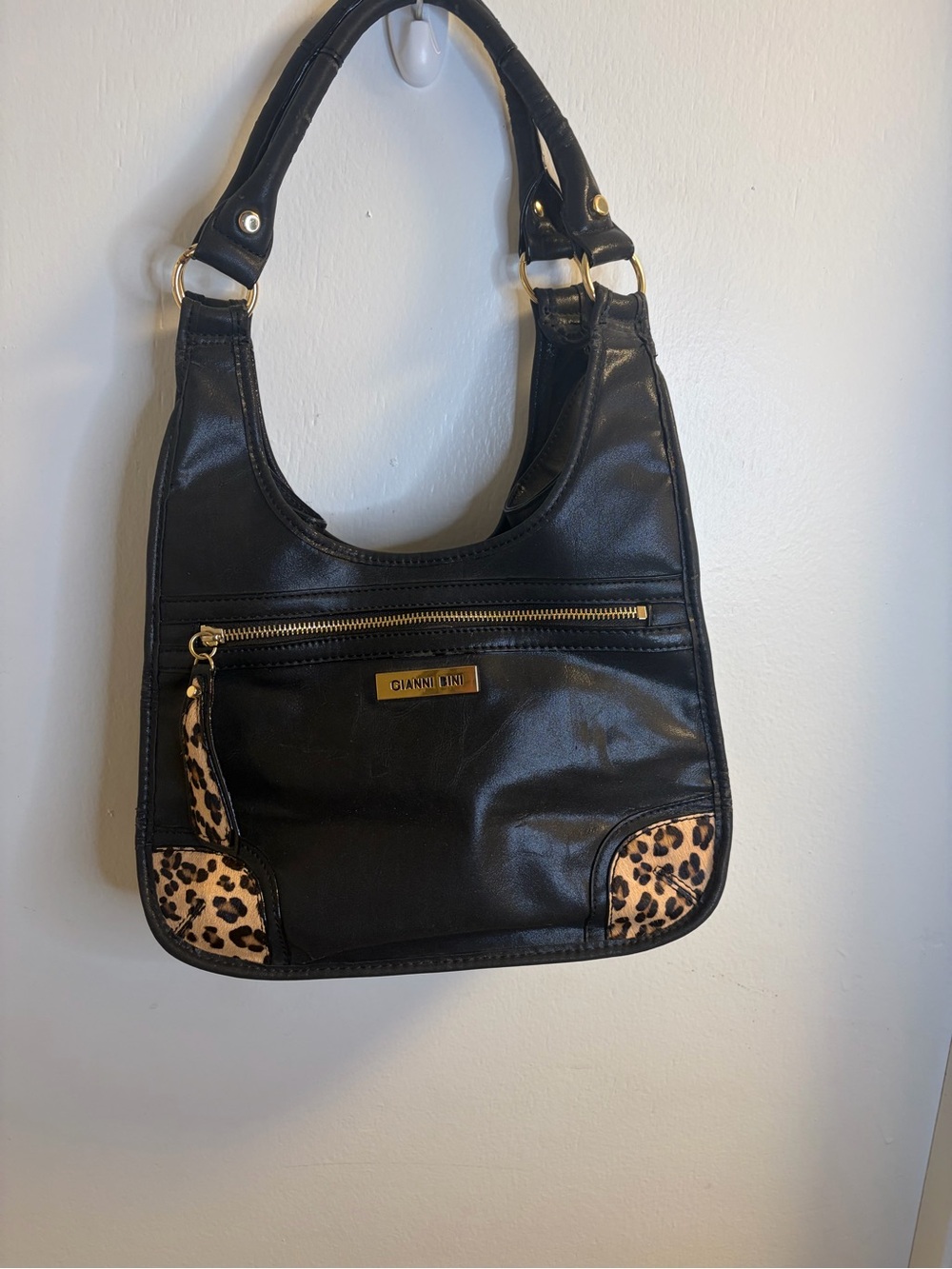 Gianni Bini Black Leopard Hobo Shoulder Bag Y2K McBling Gold Hardware
